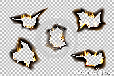 Realistic paper flame, circle burn. Cracking fire sheets, rough hole, burnt blanc edges, ripped frame, realistic borders Vector Illustration