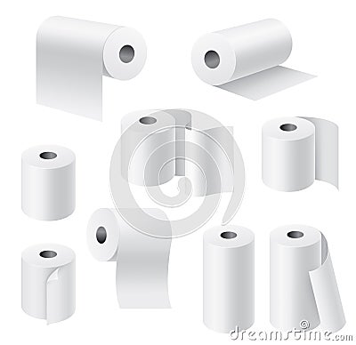 Realistic paper rolls. 3d white towel, toilet tissue on cardboard cylinder, hygiene products kitchen and bathroom Vector Illustration