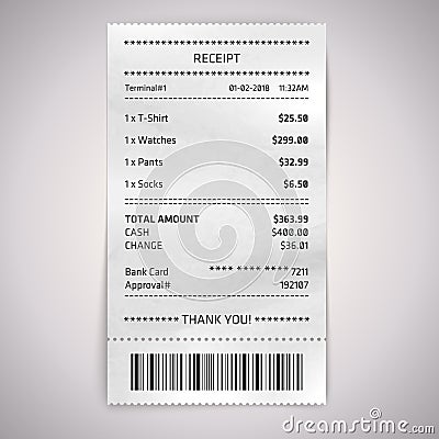 Realistic paper shop receipt with barcode Vector Illustration