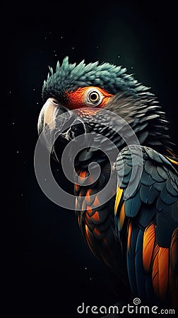 Realistic Parrot on Dark Background AI Generated Cartoon Illustration