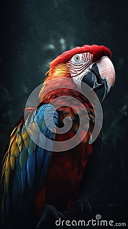 Realistic Parrot on Dark Background. Generative AI Cartoon Illustration