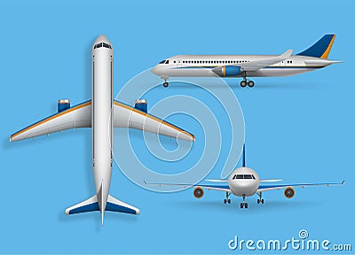 Realistic passenger airplane mock up, airliner in top, side, front view. Modern aircraft flight on blue Vector Illustration