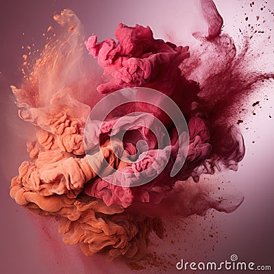 Smoke and colors. Woman smoker. Women portrait with pink peach pigments, deep red with pink smoky mist gradient, Stock Photo