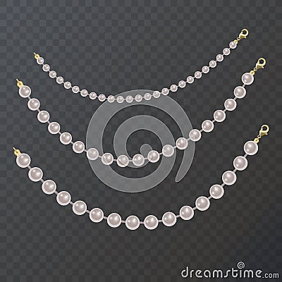 Realistic pearl bead chain. pearl necklace on dark background Vector Illustration