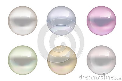 Realistic pearls of different colors set. Collection jewelry gems isolated on white Vector Illustration
