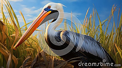 Realistic Pelican In Vibrant Caricature Style: Hyper-detailed Rendering Cartoon Illustration