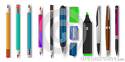 Realistic pen and pencils. 3D school and office supplies, brush marker and sharpened pencils. Vector colored plastic set Vector Illustration