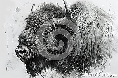 realistic pencil sketch of a bison, wild animal illustration Cartoon Illustration
