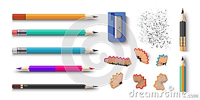 Realistic pencils. 3D colored school stationery with sharpener and shavings. Vector graphite sharpened pencils set of Vector Illustration