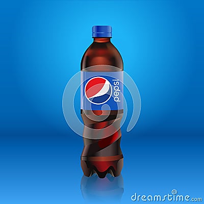 Realistic pepsi cola bottle mock up with blue label with logo isolated on blue background reflected off the floor Vector Illustration