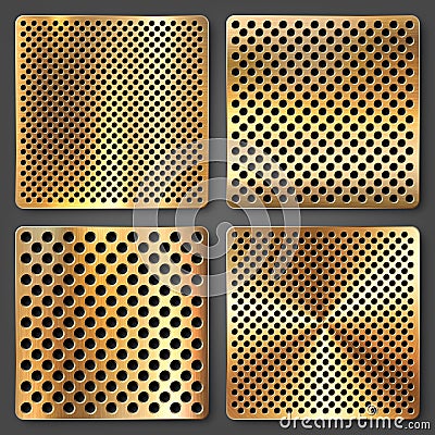 Realistic perforated brushed metal textures set. Polished stainless steel background. Vector illustration. Vector Illustration