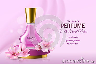 Realistic perfume glass bottle. Women pink luxury sakura essence in elegant vial, delicate floral fragrance, japanese Vector Illustration