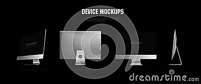 Realistic personal computer from different angles on black background. Presentation new monoblock computer. New monoblock PC for m Vector Illustration