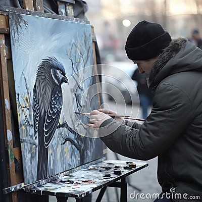 A realistic photo of the artist draws on the street Stock Photo