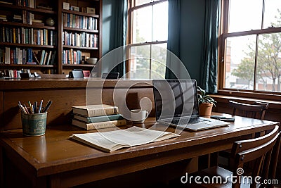 Realistic photo of book and laptop on wood desk in a library study room with cozy atmosphere Stock Photo