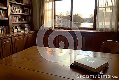 Realistic photo of book on wood desk in a library study room with cozy atmosphere Stock Photo