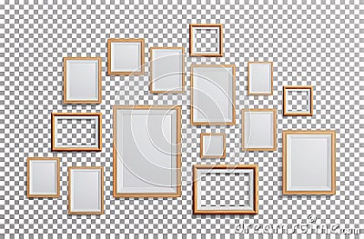 Realistic Photo Frame Vector. Set Square, A3, A4 Sizes Light Wood Blank Picture Frame, Hanging On Transparent Background From The Vector Illustration