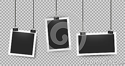 Realistic photo frames clipped on ropes. Retro 3D picture frame on white border. Vector blank photoframe set Vector Illustration