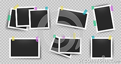 Realistic photo frames with tape. Retro 3D snapshot with white frame and sticky tape on the transparent wall. Vector old Vector Illustration