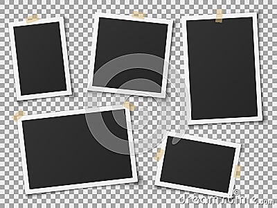 Realistic photo frames. Vintage empty photos frame with adhesive tapes. Images on wall, retro memory album. Vector Vector Illustration