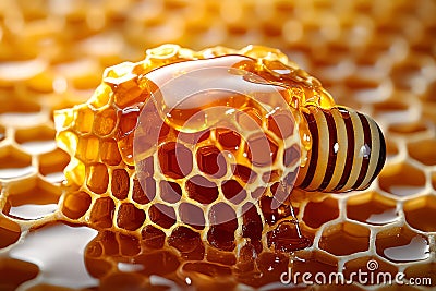 A realistic photo of honeycomb filled with honey, with the intricate hexagonal pattern highlighted by soft, natural light Stock Photo