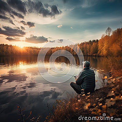 A realistic photo of a man sitting on the shore of a lake and fishing Stock Photo