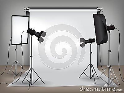 Realistic photo studio set up with lighting equipment and white backdrop Vector Illustration