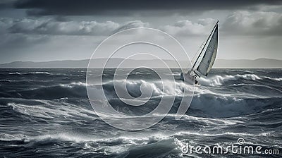 A stormy sea with a sailboat sinking in the waves. Stock Photo