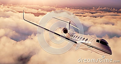 Realistic picture of White Luxury generic design private airplane flying over the earth. Empty sunset sky with huge Stock Photo