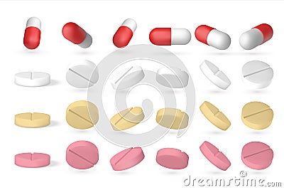 Realistic pill. 3D isometric flying drugs isolated on white, closeup of medical supplements. Vector medicament set Vector Illustration