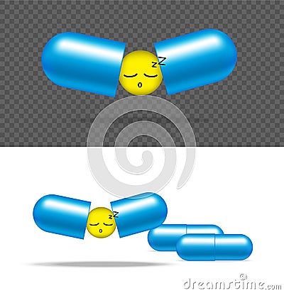 Realistic Pill Medicine Capsule Panel With Sleep Face For Insomnia on White Background Vector Illustration. Tablets Medical and Vector Illustration