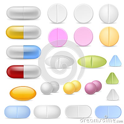 Realistic pills icons. Medicines tablets capsules drugs painkillers antibiotics vitamins. Pharmaceutical treatment Vector Illustration