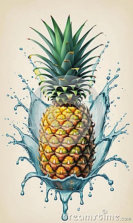 Realistic Pineapple Submerged in a Splash of Water Stock Photo