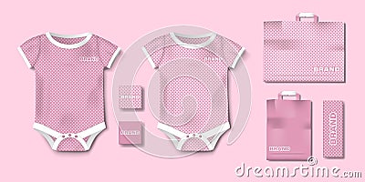 Realistic pink baby bodysuit template isolated. Bodysuit, baby shirt mockup for girls. Branding set of clothes and Vector Illustration
