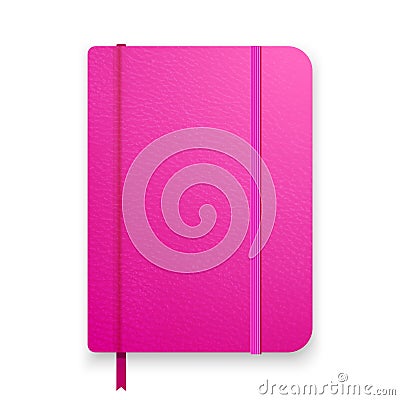 Realistic pink notebook with elastic band and bookmark. Top view diary template. Closed diary. Vector notepad mockup. Stock Photo