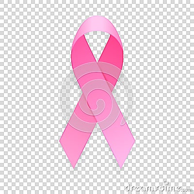 Realistic pink ribbon icon closeup isolated on transparent background, breast cancer awareness symbol. Design template Vector Illustration