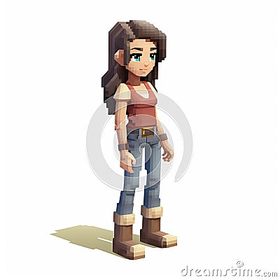 Realistic Pixel Girl With Jeans And Boots - Villagecore 2d Game Art Stock Photo