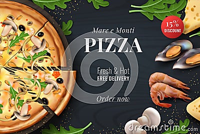 Realistic pizza background. Menu poster with traditional Italian food with toppings for restaurant banner or advertising Vector Illustration