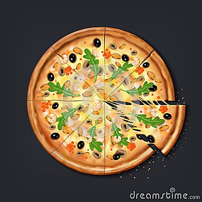 Realistic pizza pieces. Fresh pizza part with stretching cheese ready to eat, traditional Italian food with mozzarella Vector Illustration