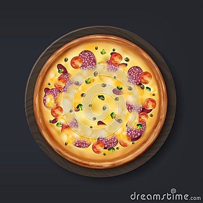 Realistic pizza. Tasty Italian food with cheese, tomato and salami. Menu traditional snack, pizzeria advertising Vector Illustration