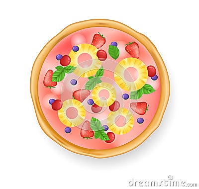 Realistic pizza on white background. Traditional italian food fruit pizza with pineapples, cherries, strawberries. Restaurant and Vector Illustration