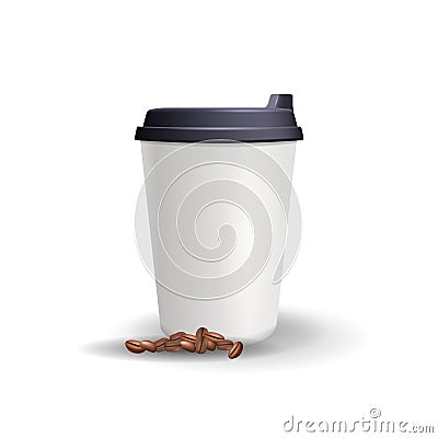 Realistic, plain and blank paper cup mockup with coffee beans. Vector Illustration