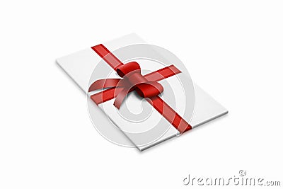 Realistic plain gift card template decorated with a red ribbon with a bow on white background. Stock Photo