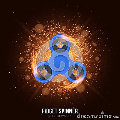 Realistic plastic blue spinner in the fire. Fiery speed. Bright flash of light with glare. Stress relieving toy. Modern toy for fi Cartoon Illustration