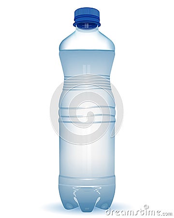 Realistic plastic bottle with water with close blue cap on white Vector Illustration