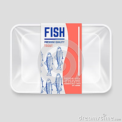 Realistic plastic container with hand drawn fish label vector design Vector Illustration