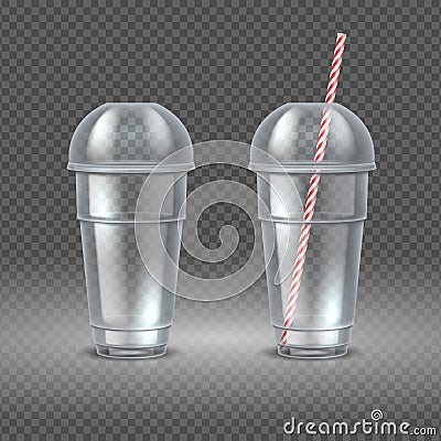 Realistic plastic cup. Transparent coffee container with straw, water juice and cocktail cup mockup. Vector disposal Vector Illustration