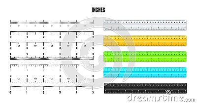 Realistic plastic rulers with black inch scale for measuring length or height. Various measurement scales with divisions Vector Illustration