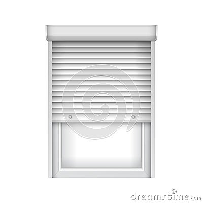 Realistic plastic window with half open blind. Roller shutter for glass window. Open window jalousie mockup for interior Vector Illustration