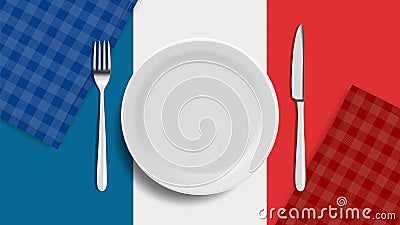Realistic plate. French cuisine banner, blank white dish fork and knife. Flag of France, restaurant or cafe vector Vector Illustration